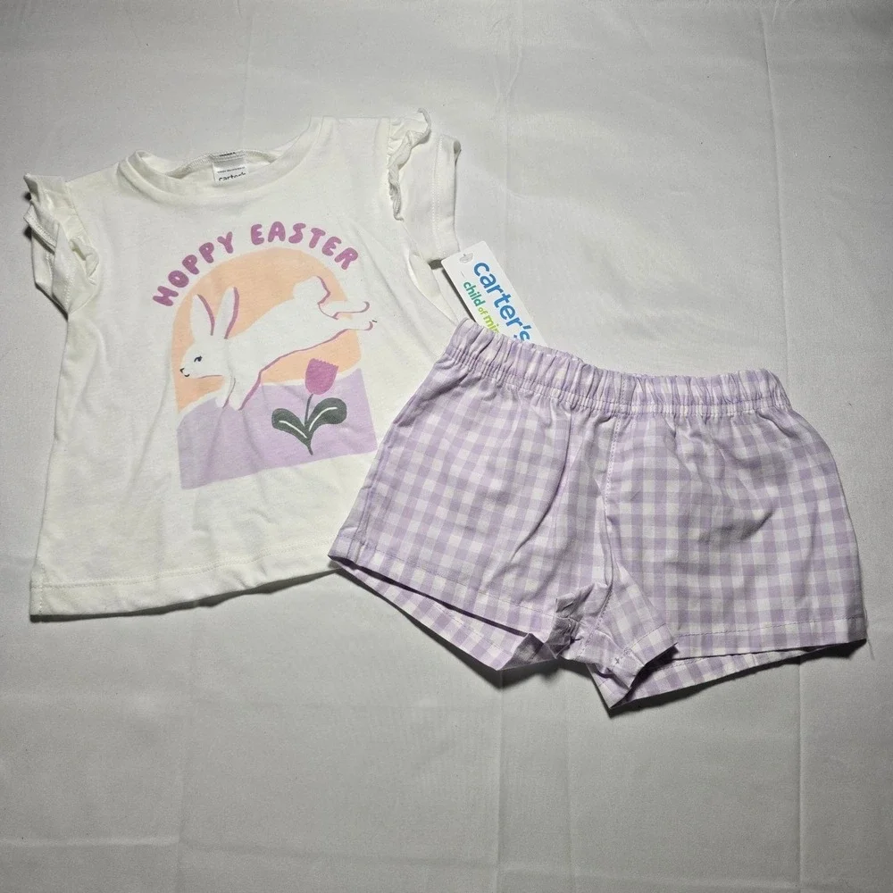 Carters Baby Girls 6-9m Easter Bunny Shirt Gingham Shorts Set White Purple Nwt